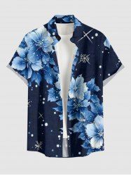 Chemise hawaïenne grande taille pour homme, imprimé 3D fleurs galaxie pailletées, boutons et poche - Bleu profond 2XL
