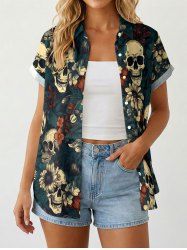 Chemise hawaïenne pour femme à imprimé tête de mort, fleurs et feuilles, boutons et poche. - Turquoise Foncée M