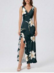 Robe hawaïenne à imprimé feuilles et fleurs d'hibiscus, volants et fente cache-cœur - Bleu profond XS