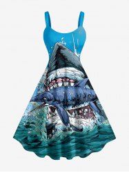 Robe débardeur hawaïenne grande taille à imprimé requins et vagues - Bleu clair L