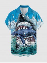 Chemise hawaïenne grande taille pour homme, imprimé requins et vagues, avec boutons et poche. - Bleu clair 2XL