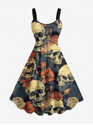 Robe débardeur hawaïenne grande taille à imprimé tête de mort, fleurs et feuilles - Bleu profond 3X