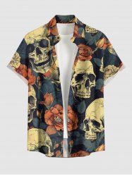 Chemise hawaïenne grande taille pour homme, à imprimé tête de mort, fleurs et feuilles, boutons et poche. - Bleu profond S