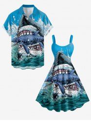 Sharks Sea Waves Print Plus Size Matching Hawaii Beach Outfit For Couples -  