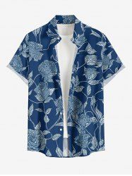Branch Leaf Flower Print Hawaii Button Pocket Shirt For Men -  