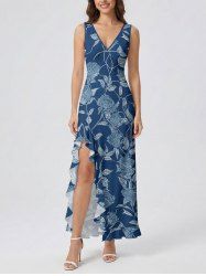 Robe hawaïenne à imprimé floral et branches, fendue et à volants - Bleu profond XS