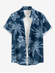 Chemise à poches boutonnées grande taille pour homme, imprimée de feuilles tropicales de cocotiers et d'hibiscus, style hawaïen. - Bleu profond 2XL
