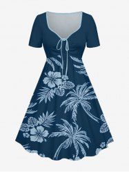 Robe hawaïenne grande taille à imprimé tropical feuilles de cocotier et fleurs d'hibiscus, cintrée - Bleu profond XS