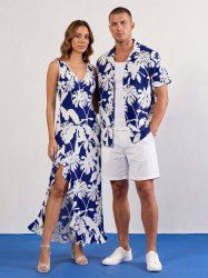 Cocout Tree Leaf Print Matching Hawaii Beach Outfit For Couples -  