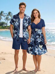 Flowers Leaf Tie Dye Print Matching Hawaii Beach Outfit For Couples -  