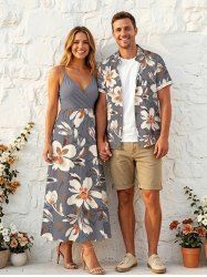 Ensemble de plage hawaïen assorti grande taille à imprimé floral pour couples - Gris Clair 