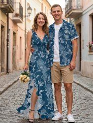 Tenue de plage hawaïenne assortie pour couples, imprimée branches, feuilles et fleurs - Bleu profond 