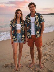 Women Skull Flower Leaf Print Matching Hawaii Beach Outfit For Couples -  