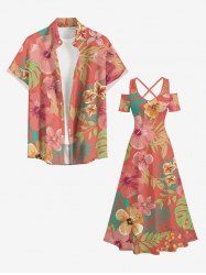 Ensemble de plage hawaïen assorti pour couples, imprimé feuilles tropicales et fleurs d'hibiscus, grandes tailles - CORAL ROSE 