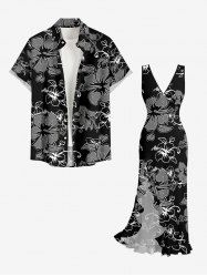 Tenue de plage hawaïenne assortie pour couples, imprimée de fleurs d'hibiscus et de feuilles - Noir 