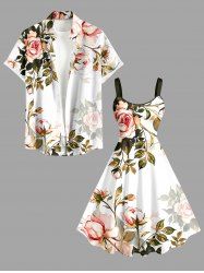 Ensemble de plage hawaïen assorti pour couples, imprimé ombré de fleurs, feuilles et branches, grandes tailles - Olive Verte 