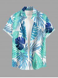 Plus Size Tropical Leaf Print Buttons Pocket Hawaii Shirt For Men - Turquoise 3XL