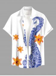 Plus Size Octopus Flowers Print Buttons Pocket Hawaii Shirt For Men -  