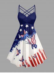 Robe grande taille à imprimé papillons et fronces en treillis, ornée d'un drapeau américain patriotique. - Bleu 2X