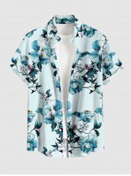 Flower Leaf Branch Print Hawaii Button Pocket Shirt For Men -  
