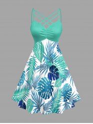 Plus Size Tropical Leaf Print Ruched Lattice Crisscross Straps Hawaii Dress - Turquoise 2X