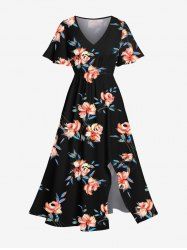 Robe mi-longue hawaïenne fendue à imprimé floral et feuilles grande taille - Noir M