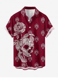 Chemise hawaïenne à poches boutons, imprimé tête de mort, rose et feuilles, grande taille, pour hommes - Rouge Vineux 6XL