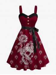 Robe trapèze grande taille à imprimé tête de mort, rose, fleurs et feuilles, style hawaïen, boutonnée et avec ceinture amovible - Rouge foncé S