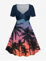 Robe hawaïenne grande taille imprimée ciel ombré cocotier et ciel, cintrée - Bleu profond S
