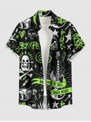 Plus Size Skull Guitar Print Hawaii Rock and Roll Button Pocket Shirt For Men -  