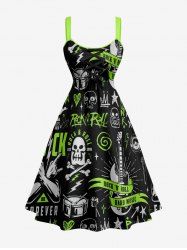 Plus Size Skull Guitar Print Hawaii Rock and Roll Lace Up A Line Dress - Vert L