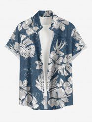 Tropical Leaf Hibiscus Flower Print Hawaii Button Pocket Shirt For Men -  