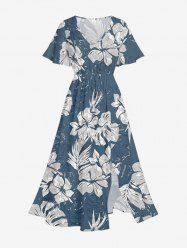 Robe midi trapèze grande taille à imprimé floral tropical et hibiscus, style hawaïen, avec poches fendues - Bleu profond 4X