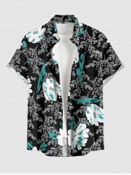 Plus Size Flower Leaf Branch Print Hawaii Button Pocket Shirt For Men - Noir M
