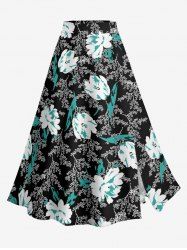 Jupe trapèze fendue hawaïenne à imprimé fleurs et feuilles grande taille - Noir S