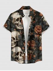 Chemise hawaïenne à imprimé tête de mort, fleurs et feuilles, grande taille, poche boutonnée, pour hommes - Noir L