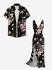 Tenue de plage hawaïenne assortie à imprimé floral et feuilles pour couples - Noir 