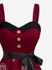 Robe trapèze grande taille à imprimé tête de mort, rose, fleurs et feuilles, style hawaïen, boutonnée et avec ceinture amovible - Rouge foncé S