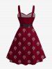 Robe trapèze grande taille à imprimé tête de mort, rose, fleurs et feuilles, style hawaïen, boutonnée et avec ceinture amovible - Rouge foncé 3X