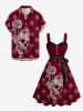 Robe trapèze grande taille à imprimé tête de mort, rose, fleurs et feuilles, style hawaïen, boutonnée et avec ceinture amovible - Rouge foncé 3X