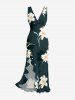 Robe hawaïenne à imprimé feuilles et fleurs d'hibiscus, volants et fente cache-cœur - Bleu profond XS