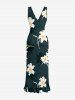 Robe hawaïenne à imprimé feuilles et fleurs d'hibiscus, volants et fente cache-cœur - Bleu profond XS