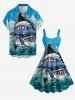 Robe débardeur hawaïenne grande taille à imprimé requins et vagues - Bleu clair L
