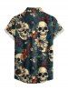 Chemise hawaïenne pour femme à imprimé tête de mort, fleurs et feuilles, boutons et poche. - Turquoise Foncée M