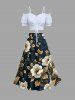 Jupe trapèze fendue hawaïenne à imprimé fleurs et feuilles grande taille - Bleu profond 5X