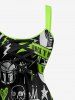 Plus Size Skull Guitar Print Hawaii Rock and Roll Lace Up A Line Dress - Vert L