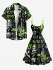 Plus Size Skull Guitar Print Hawaii Rock and Roll Lace Up A Line Dress - Vert L