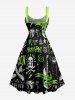 Plus Size Skull Guitar Print Hawaii Rock and Roll Lace Up A Line Dress - Vert L
