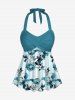 Maillot de bain tankini hawaïen à imprimé fleurs et feuilles, dos nu et jambes courtes, style torsadé. - Turquoise 3X
