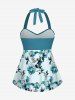 Maillot de bain tankini hawaïen à imprimé fleurs et feuilles, dos nu et jambes courtes, style torsadé. - Turquoise 3X